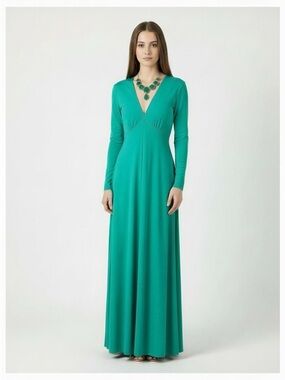 Vintage c.1970 Victor Costa Gown Evening Hostess Dress Designer Retro Rare Green